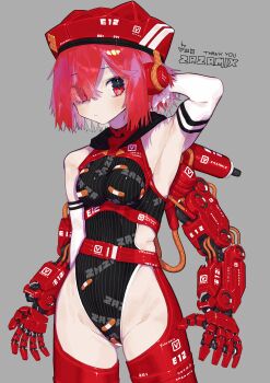 1girl absurdres arm_up armpits cowboy_shot elbow_gloves extra_arms gloves grey_background hair_between_eyes hat highleg highres machine mechanical_arms muzinneki original red_eyes red_hair red_hat short_hair simple_background solo white_gloves