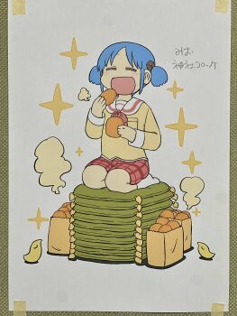 1girl :d arawi_keiichi bag bird blue_hair closed_eyes croquette cube_hair_ornament eating food full_body hair_ornament highres holding holding_food long_sleeves naganohara_mio nichijou open_mouth paper_bag parted_bangs plaid_clothes plaid_skirt red_skirt school_uniform seiza serafuku shirt short_hair short_twintails simple_background sitting skirt smile socks solo sparkle tokisadame_school_uniform traditional_media translation_request twintails white_background white_socks yellow_shirt