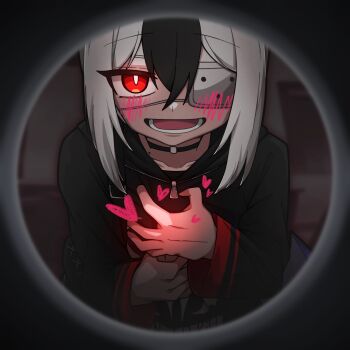 1girl black_choker black_hair black_jacket blue_archive choker collarbone commentary_request eyepatch furrowed_brow hair_between_eyes highres hood hood_down hooded_jacket jacket kayoko_(blue_archive) long_sleeves looking_at_viewer manli medical_eyepatch mole mole_on_collarbone monitoring_(vocaloid) one_eye_covered open_mouth pov_peephole sidelocks single_wing solo white_hair wings