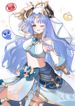 1girl absurdres aqua_eyes blue_gem blue_hair blue_skirt blush circlet commentary_request commission cosplay cowboy_shot crop_top fake_horns gem genshin_impact gold_trim hand_up highres horns jewelry long_hair long_sleeves looking_at_viewer mako_(cvyt5325) nilou_(genshin_impact) nilou_(genshin_impact)_(cosplay) one_eye_closed open_mouth parted_bangs pixiv_commission puffy_long_sleeves puffy_sleeves puyopuyo puyopuyo_n rulue_(puyopuyo) skirt solo stomach thighlet veil very_long_hair white_veil