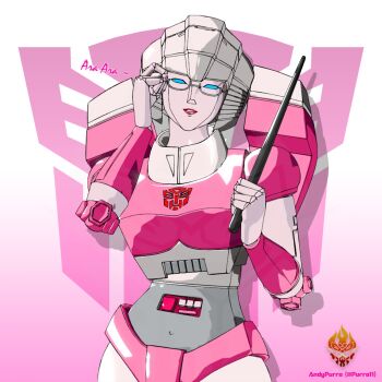 1girl 3d andypurro ara_ara arcee autobot backpack bag blender_(medium) blue_eyes breasts colored_skin curvy glasses helmet highres humanoid_robot medium_breasts panties pink_panties red_lips robot robot_girl solo transformers transformers:_generation_1 underwear
