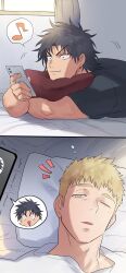 Rule 34 | 2boys, absurdres, bara, bed, black hair, blonde hair, haiki (tegusu), highres, holding, holding phone, indoors, looking at phone, lying, male focus, multiple boys, muscular, muscular male, musical note, on back, on bed, on stomach, one eye closed, original, phone, pillow, short hair, yaoi