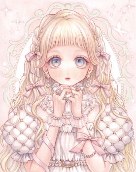 Rule 34 | 1girl, absurdres, arm ribbon, blonde hair, blue eyes, blunt bangs, bow, braid, collar, commentary, earrings, eyelashes, hair bow, hair over shoulder, hands up, hashtag-only commentary, highres, jewelry, lace collar, lace wrist cuffs, lips, long hair, looking at viewer, marker (medium), multiple rings, original, ornate ring, own hands together, pearl earrings, pearl hair ornament, pink bow, pink ribbon, puffy short sleeves, puffy sleeves, ribbon, ring, sagara chito, shirt, short sleeves, side braids, solo, symbol-only commentary, traditional media, upper body, white collar, white shirt, wide-eyed, wrist cuffs