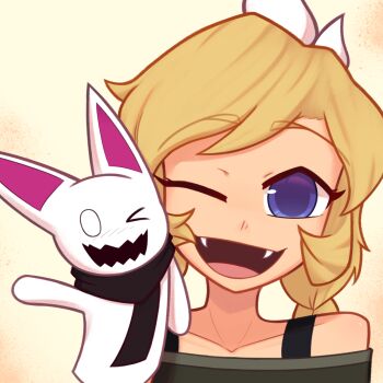 1boy 1girl artist_self-insert blonde_hair blue_eyes blush bra_strap bracelet braid fangs hand_puppet highres jewelry neck nose one_eye_closed open_mouth original portrait puppet scarf simple_background smile xyronii