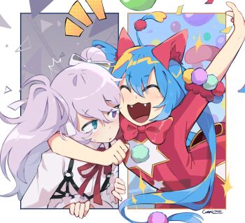 25-ji_miku 2girls ^^^ animal_ears aqua_eyes arm_around_neck arm_up artist_name blue_hair border bow bowtie cat_ears cat_tail chest_harness cleavage_cutout clenched_hand closed_mouth clothing_cutout collared_shirt colorful coral_(coral_l33) dot_nose dress dual_persona fangs frilled_sleeves frills gold_trim grey_hair hair_between_eyes hair_ornament hair_ribbon harness hatsune_miku heterochromia laughing light_blush light_particles long_hair long_sleeves looking_at_another looking_to_the_side monochrome multiple_girls neck_ribbon nervous open_mouth pom_pom_(clothes) pom_pom_hair_ornament project_sekai purple_eyes rafters red_bow red_bowtie red_dress red_ribbon ribbon serious shirt short_sleeves slit_pupils sparkle split_screen star_cutout striped_clothes striped_dress surprised sweatdrop tail triangle tsurime twintails vertical-striped_clothes vertical-striped_dress very_long_hair vocaloid white_border white_ribbon white_shirt wonderlands_x_showtime_miku