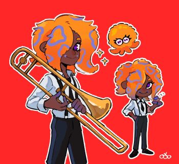 Rule 34 | 1girl, black pants, black suspenders, collared shirt, hair over one eye, holding, holding instrument, holding trombone, instrument, long sleeves, multiple views, nintendo, ooorangeocto99, orange hair, outline, pants, patterned hair, purple eyes, red background, shirt, simple background, smile, sparkle, splatoon (series), splatoon 3, tao blu, tentacle hair, trombone, white outline, white shirt