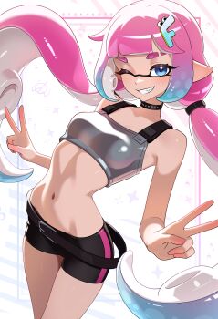 1girl absurdres artist_name bike_shorts black_choker blue_eyes blue_hair borrowed_character breasts choker commentary domino_mask double_v english_commentary eye_mask gradient_hair grin hair_ornament highres inkling_girl inkling_player_character long_hair mask midriff multicolored_hair navel nintendo one_eye_closed original otokakoto pink_hair small_breasts smile solo splatoon_(series) tentacle_hair v