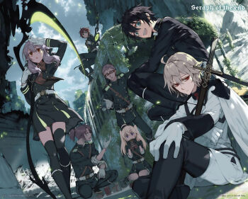 2girls 5boys ahoge belt black_boots black_hair black_skirt black_thighhighs blonde_hair boots bow_(weapon) brown_eyes brown_hair building bus buttons can closed_mouth cloud cloudy_sky copyright_name day double-breasted drinking dutch_angle expressionless glasses gloves green_eyes grey_hair hair_between_eyes highres hiiragi_shinoa holding holding_scythe holding_weapon hyakuya_mikaela hyakuya_yuuichirou kimizuki_shihou knee_boots long_sleeves looking_afar looking_ahead looking_at_viewer medium_hair military_uniform motor_vehicle multiple_boys multiple_girls narumi_makoto official_art open_mouth outdoors overgrown owari_no_seraph ponytail post-apocalypse purple_eyes purple_hair red_eyes ruins sanguu_mitsuba saotome_yoichi scan scythe shading_eyes short_hair sitting skirt sky sleeves_pushed_up smile squatting standing thigh_boots thighhighs tossing wariza weapon white_belt white_gloves yamamoto_yamato