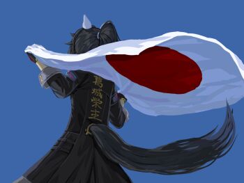 1girl animal_ears black_coat black_hair blue_background clothing_cutout coat flag from_behind fugetsu_(windmoon_tw) gloves hands_up holding holding_flag horse_ears horse_girl horse_tail japanese_flag katsuragi_ace_(dragon_rising_to_the_top)_(umamusume) katsuragi_ace_(umamusume) long_sleeves ponytail short_hair simple_background solo tail tail_through_clothes umamusume upper_body