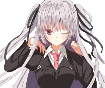 Rule 34 | 1girl, ;), absurdres, black jacket, black ribbon, blush, brown eyes, clenched hand, closed mouth, collared shirt, commentary request, eyelashes, eyes visible through hair, floating hair, grey hair, hair between eyes, hair ribbon, hands up, highres, jacket, long hair, long sleeves, looking at viewer, nakamura reika, necktie, one eye closed, red necktie, ribbon, sakura no toki, sakura no uta, sakuratoru, school uniform, shirt, sidelocks, simple background, smile, smug, solo, split mouth, two side up, upper body, v-shaped eyebrows, very long hair, white background, white shirt