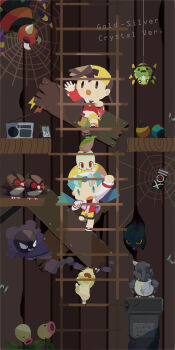 Rule 34 | 1boy, 1girl, :o, absurdres, apricorn, aqua eyes, aqua hair, ariados, backwards hat, baseball cap, bellsprout, bug, chibi, chikorita, climbing ladder, closed eyes, closed mouth, colored sclera, commentary request, copyright name, cyndaquil, ethan (pokemon), floating, flying sweatdrops, gastly, gen 1 pokemon, gen 2 pokemon, grin, hat, highres, hoothoot, horns, indoors, kris (pokemon), lightning bolt symbol, long hair, long sleeves, mandibles, misdreavus, nail (hardware), nintendo, on head, open mouth, painttool sai (medium), plank, pokemon, pokemon (creature), pokemon gsc, pokemon on head, radio, red eyes, shoes, short hair, shorts, silk, single horn, smile, solid oval eyes, spell tag, spider web, spinarak, statue, tamamochi, teeth, twintails, v-shaped eyes, yellow sclera, yellow shorts