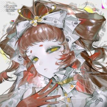 1girl allidolour close-up copyright_request dress hair_ornament highres long_hair looking_at_viewer makeup pale_skin red_eyes solo white_dress yellow_eyes