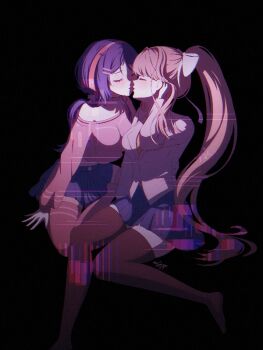 2girls black_background black_leggings blue_skirt blush bow closed_eyes crazy_mita_(miside) crossover doki_doki_literature_club glitch hair_ornament hairclip high_ponytail imminent_kiss leggings miside mita_(miside) monika_(doki_doki_literature_club) multiple_girls off-shoulder_shirt off_shoulder parallel_hairclips ponytail purple_hair red_hair ryzatgj school_uniform shirt signature simple_background sitting skirt tucking_hair twintails wariza white_bow yuri