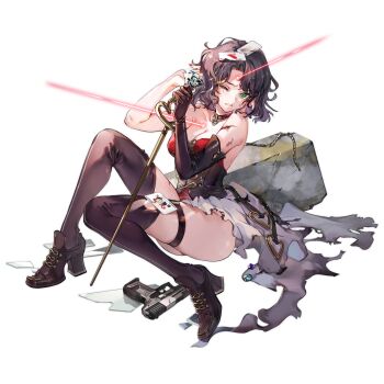 1girl ace_(playing_card) ace_of_hearts aqua_gemstone bare_shoulders black_choker black_corset black_gloves black_hair black_shoes black_thighhighs breasts broken_glass burnt_clothes cane card choker cleavage corset crinoline cuts diamond_(gemstone) elbow_gloves fingernails full_body gem girls'_frontline glass gloves green_eyes heart heart_choker high_heels highres holding holding_cane imoko_(imonatsuki) injury jewelry joker_(playing_card) laser_sight leotard medium_breasts necklace object_on_head official_alternate_costume official_art one_eye_closed p2000 p2000_(girls'_frontline) p2000_(sweetheart_hunter)_(girls'_frontline) parted_lips phantom_thief playing_card purple_gemstone red_leotard red_nails revision shoes short_hair showgirl_skirt simple_background single_glove sitting skindentation skirt solo thigh_strap thighhighs third-party_source transparent_background unworn_jewelry unworn_necklace weapon_on_floor white_gemstone white_skirt