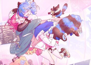 Rule 34 | > <, 2girls, ahoge, airport, animal ears, baseball cap, blue hair, blue tail, closed eyes, dog, fang, green hoodie, green sweater, hair ornament, hairclip, hat, heart, heart ahoge, hood, hoodie, hug, indie virtual youtuber, koilccc, leg warmers, multiple girls, ohitspiper, open mouth, pink skirt, pleated skirt, poko rakun, raccoon ears, raccoon girl, raccoon tail, red hair, school uniform, shoes, short hair, skirt, smile, striped tail, sweater, tail, thigh strap, thighhighs, thighs, virtual youtuber, white thighhighs, yellow eyes, yellow shoes