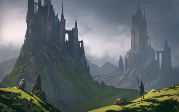 1other cloak cloud cloudy_sky commentary english_commentary from_behind grass highres hill holding holding_staff hood hooded_cloak landscape mountain mountainous_horizon original outdoors painterly purple_cloak raphael-lacoste rock scenery sky staff standing tower