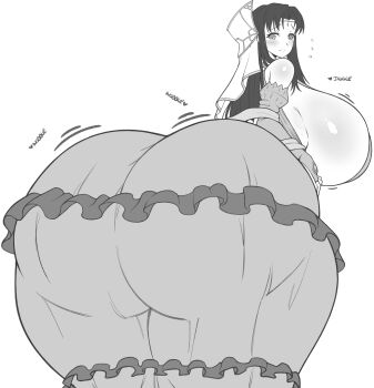 Rule 34 | 1girl, absurdres, ass, breasts, female focus, highres, huge ass, huge breasts, kyonyuu fantasy, looking at viewer, looking back, monochrome, roxanne de desir, simple background, solo, thanuki, white background