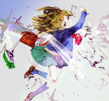 Rule 34 | 1girl, bag, blazer, broom, brown hair, female focus, gradient background, jacket, kneehighs, loafers, original, pleated skirt, purple eyes, ribbon, school bag, school uniform, shoes, skirt, socks, solo, sweater vest, tears, uturo