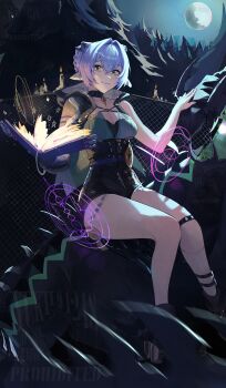 1girl absurdres accessories black_shoes black_unitard blue_hair book braid braided_twintails breasts candle casting_spell choker closed_mouth commentary_request ethereal_(zenless_zone_zero) fence forest goat goat_horns green_pupils highres holding holding_book horns knee_strap lucia_elowen magic magic_circle medallion moon nature night night_sky pointy_ears shoes single_bare_shoulder single_sleeve sitting sky solo tree yellow_eyes yukii91218 zenless_zone_zero