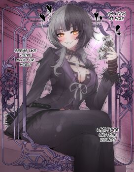 Rule 34 | 1girl, absurdres, adapted costume, arm behind back, belt, black belt, black choker, black hair, black jacket, black nails, black pants, blush, border, breasts, card, chest belt, choker, cleavage, commentary, crossed legs, english commentary, english text, feet out of frame, fingernails, fur-trimmed sleeves, fur trim, grey hair, grin, hand up, heart, highres, holding, holding card, hololive, hololive english, inset border, jack (playing card), jack of spades, jacket, king (playing card), king of spades, lace, lace choker, large breasts, long fingernails, long hair, long sleeves, looking at viewer, mayoa, multicolored hair, nail polish, ornate border, pants, playing card, queen (playing card), queen of spades (playing card), shiori novella, shiori novella (1st costume), sitting, smile, solo, split-color hair, suit jacket, two-tone hair, virtual youtuber, yellow eyes