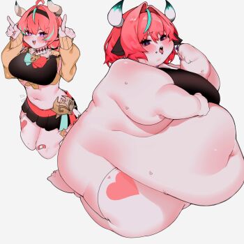 1girl animal_ears bandaid bandaid_on_knee bandaid_on_leg before_and_after big_belly black_hairband black_shirt black_skirt blush breasts chile_paper crop_top eating fat fat_woman from_side genshin_impact green_hair hair_intakes hair_tie hairband hand_on_own_chest heart heart_print horns huge_belly medium_breasts midriff miniskirt multicolored_hair navel nude obese open_mouth orange_sleeves pink_hair purple_eyes shirt sitting skirt smile solo sweat tears thick_arms thighhighs tongue tongue_out varesa_(genshin_impact) weight_gain white_background white_thighhighs