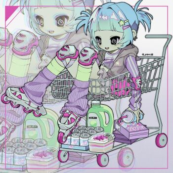 Rule 34 | 1girl, 9 ron23, @ @, aqua hair, bag, black eyes, border, cake, can, chromatic aberration, colored skin, commentary, crop top, cup, detergent, drink can, earrings, elbow pads, english commentary, food, full body, green skin, green socks, grey hoodie, grey skirt, hair intakes, hair ornament, hairclip, holding, holding cup, hood, hoodie, in shopping cart, inset border, jewelry, knee pads, knees up, leg warmers, long sleeves, multiple earrings, open clothes, open hoodie, open mouth, original, outside border, parallel hairclips, pink border, pink leg warmers, roller skates, shopping cart, short hair, short twintails, shoulder bag, skates, skirt, smile, socks, solo, star (symbol), star hair ornament, twintails, twitter username, white background, zoom layer