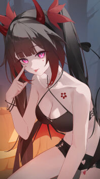 1girl absurdres black_hair black_shorts breasts chinese_commentary commentary_request crop_top demon_costume demon_horns demon_tail fake_horns flower_tattoo guantoumao-0 halloween_costume highres honkai:_star_rail honkai_(series) horns large_breasts long_hair looking_at_viewer pumpkin purple_eyes red_horns shorts solo sparkle_(honkai:_star_rail) tail tattoo tongue tongue_out twintails very_long_hair