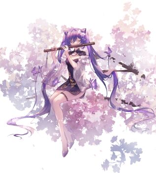 1girl absurdres alternate_costume bug butterfly closed_eyes commentary_request cone_hair_bun dress full_body genshin_impact hair_between_eyes hair_bun hands_up high_heels highres holding insect keqing_(genshin_impact) long_hair object_request purple_butterfly purple_dress purple_footwear purple_hair sakuradani sitting sitting_on_branch solo twintails very_long_hair white_background wide_sleeves