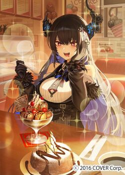 +_+ 1girl asymmetrical_horns black_bow black_bowtie black_gloves black_hair black_vest blue_hair blush bow bowtie breast_strap breasts cafe cake clothing_cutout coffee collared_shirt colored_inner_hair commentary_request company_name copyright_notice cup dessert dress_shirt drooling feather-trimmed_sleeves flower flower_knot food fork framed_breasts gloves hair_ornament hand_on_own_face holding holding_spoon hololive hololive_english horn_flower horns ice_cream indoors jeze large_breasts long_hair long_sleeves mole mole_under_eye mouth_drool multicolored_hair nerissa_ravencroft nerissa_ravencroft_(1st_costume) official_art open_mouth plate poster_(object) red_eyes ribbed_shirt shirt shoulder_cutout sitting smile solo sparkle spoon sundae tassel tassel_hair_ornament uneven_horns vest virtual_youtuber white_shirt