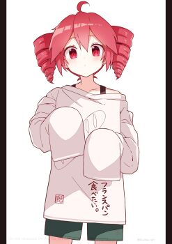 1girl ahoge alternate_costume black_shorts blush closed_mouth clothes_writing commentary_request cowboy_shot drill_hair food_print hair_between_eyes highres kasane_teto letterboxed print_shirt red_eyes red_hair seal_impression shira_461 shirt shorts simple_background sleeves_past_fingers sleeves_past_wrists solo t-shirt translated twin_drills utau white_background white_shirt