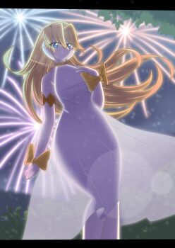 Rule 34 | 1girl, absurdres, bare shoulders, black border, blonde hair, blue eyes, blurry, blurry background, border, breasts, ciel (mega man), commission, cowboy shot, dress, fireworks, highres, long hair, luckerabbit9, medium breasts, mega man (series), mega man zero (series), night, see-through clothes, see-through dress, solo, translucent, white dress