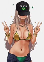 1girl alternate_costume baseball_cap bead_necklace beads bikini bikini_bottom_under_shorts bikini_under_clothes bracelet brazilian_flag brazilian_flag_print brazilian_miku brazilian_miku_(cosplay) breasts brown_hair commentary cosplay covered_eyes denim denim_shorts double_v english_commentary flag_print gold_bikini green_nails green_panties hair_intakes hat hatsune_miku highres hololive hololive_english jewelry large_breasts long_hair nail_polish nanashi_mumei navel necklace panties short_shorts shorts simple_background smile solo stomach swimsuit tan tanline underwear unmeidesu v virtual_youtuber vocaloid white_background yellow_nails