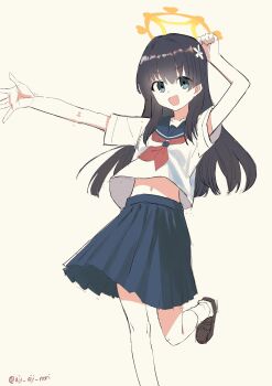 1girl aji_aji_nori black_hair blue_archive blue_eyes blue_sailor_collar blue_skirt feet_out_of_frame flower hair_flower hair_ornament halo highres long_hair neckerchief orange_halo pleated_skirt red_neckerchief sailor_collar sailor_shirt sakugawa_school_uniform saten_ruiko school_uniform serafuku shirt simple_background skirt smile socks solo summer_uniform toaru_kagaku_no_railgun toaru_majutsu_no_index white_background white_shirt white_socks
