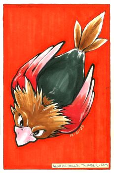 annamcdolls artist_name beak bird border brown_feathers dated feathered_wings feathers full_body gen_1_pokemon highres inktober inktober_2025 jacket nintendo no_humans outside_border pokemon pokemon_(creature) red_jacket solo spearow traditional_media tumblr_username watermark web_address white_border wings