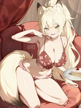 1girl animal_ear_fluff animal_ears artist_name bare_arms bare_shoulders bikini blonde_hair breasts cake cake_slice chui_art commentary commission double-parted_bangs ema_(shipsinfloat) fang food food_on_face fox_ears fox_girl fox_tail frilled_bikini frills fruit full_cleavage green_eyes high_ponytail highres index_finger_raised large_breasts leaning_to_the_side long_hair looking_at_viewer navel open_mouth original plate ponytail red_bikini seiza sitting skin_fang smile solo strawberry strawberry_shortcake swimsuit tail