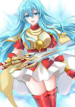 1girl :d aqua_eyes aqua_hair armor blue_aura blue_eyes blue_hair blush breastplate breasts cape commentary_request eirika_(fire_emblem) emblem_(fire_emblem_engage) fingerless_gloves fire_emblem fire_emblem:_the_sacred_stones fire_emblem_engage gloves highres holding holding_sword holding_weapon jewelry kirishima_riona long_hair looking_at_viewer medium_breasts nintendo open_mouth pauldrons red_gloves red_thighhighs short_sleeves shoulder_armor sieglinde_(sword) skirt smile solo sword thighhighs thighs weapon white_skirt yellow_cape
