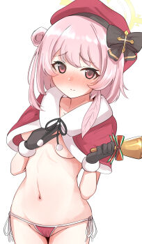 1girl alternate_costume bell bikini bikini_bottom_only black_gloves blue_archive blush bow breasts capelet closed_mouth commentary_request cowboy_shot cross feather_hair fur-trimmed_capelet fur_trim gloves groin hair_bun halo hand_on_own_chest hat hat_bow highres holding holding_bell looking_at_viewer machismo_fuji medium_hair navel nose_blush pink_eyes pink_hair red_capelet red_hat santa_bikini santa_costume serina_(blue_archive) serina_(christmas)_(blue_archive) side-tie_bikini_bottom simple_background single_side_bun small_breasts solo swimsuit topless_female white_background yellow_halo
