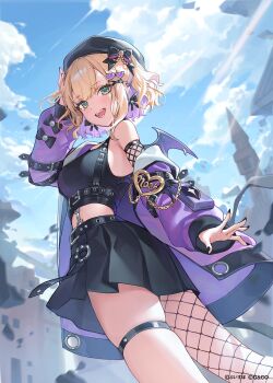 1girl beret black_hat blonde_hair blue_sky breasts cloud cloudy_sky fangs fishnet_pantyhose fishnets green_eyes hat highres jacket kurumi_noah large_breasts long_sleeves looking_at_viewer midriff off_shoulder official_art open_clothes open_jacket open_mouth outdoors pantyhose purple_hair purple_jacket short_hair single_leg_pantyhose sky smile standing teeth thigh_strap ttosom virtual_youtuber vspo!