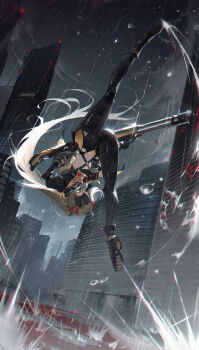 1girl absurdres black_boots black_gloves black_pants black_shrug blindfold_mask blonde_hair boots camouflage camouflage_jacket camouflage_pants chromatic_aberration commentary english_commentary eye_mask fingerless_gloves full_body gloves gun hair_ornament highres holding holding_gun holding_weapon jacket jinbin825 kicking long_hair long_sleeves mask navel night pants rain rifle shrug_(clothing) sky sniper_rifle solo stomach tight_clothes tight_pants trigger_(zenless_zone_zero) very_long_hair water_drop weapon zenless_zone_zero