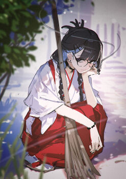 1girl black_hair black_nails braid broom colored_inner_hair commentary_request earrings fuyuno_yuuki glasses hakama highres japanese_clothes jewelry kagurazaka_mei_(fuyuno_yuuki) long_hair looking_at_viewer miko multicolored_hair original purple_eyes red_hakama sandals smoke solo squatting tabi zouri