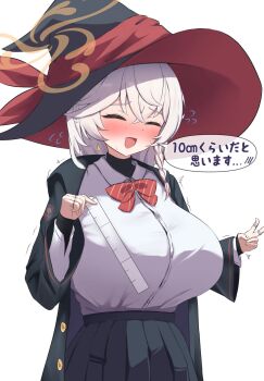 1girl :d black_hat black_skirt blue_archive blush bow bowtie braid breasts buttons closed_eyes coat commentary_request cowboy_shot diagonal-striped_bow diagonal-striped_bowtie diagonal-striped_clothes eri_(blue_archive) facing_viewer flying_sweatdrops grey_hair hat highres holding holding_ruler iggy@cafe large_breasts long_sleeves open_clothes open_coat open_mouth pleated_skirt red_bow ruler skirt smile solo speech_bubble striped_bow striped_bowtie striped_clothes translation_request witch_hat