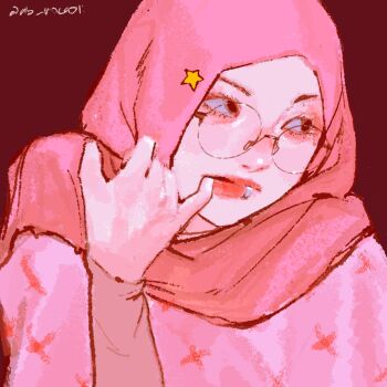1girl ab_roccoli face_piercing glasses highres hijab lip_piercing lip_ring looking_to_the_side original piercing pink_hijab red_background round_eyewear signature simple_background solo upper_body