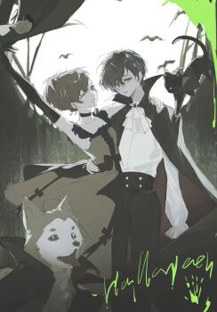 1boy 1girl animal arm_at_side arm_up ascot black_cat black_choker black_gloves black_pants cape cat choker clothed_animal commentary dog dress elbow_gloves feet_out_of_frame gloves hair_ornament hairclip halloween hand_on_another&#039;s_hip hand_on_another&#039;s_waist hashtag-only_commentary highres koromaru_(persona) kun594729981 looking_at_viewer muted_color one_eye_closed pants persona persona_3 persona_3_portable shiomi_kotone shirt short_hair simple_bird sleeveless sleeveless_dress two-tone_dress vampire_costume white_ascot white_shirt yuuki_makoto_(persona_3)