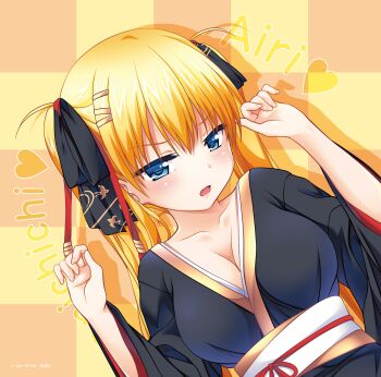 Rule 34 | 1girl, absurdres, akizuki airi, anime coloring, black kimono, black ribbon, blonde hair, blue eyes, blush, breasts, character name, cleavage, copyright name, embarrassed, english text, from above, hair between eyes, hair ribbon, half-closed eyes, hands up, heart, highres, japanese clothes, kimono, kinohara hikaru, large breasts, long hair, long sleeves, looking at viewer, obi, official art, oni chichi, open mouth, plaid background, ribbon, sash, solo, twintails, upper body, very long hair, white sash, wide sleeves
