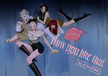 4girls bare_shoulders black_boots black_hair blackpink blonde_hair blunt_bangs boots closed_mouth dress earrings group_name hashtag-only_commentary high_heel_boots high_heels iiiiben jennie_(blackpink) jewelry jisoo_(blackpink) k-pop lisa_(blackpink) long_hair long_sleeves multiple_girls ponytail real_life red_hair rose_(blackpink) song_name