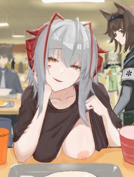 1boy 3girls antenna_hair arknights black_hairband black_shirt blurry breasts brown_hair cafeteria clothes_lift commentary_request cup demon_girl demon_horns elbow_rest flashing grey_hair hairband highres horns kal&#039;tsit_(arknights) large_breasts lifting_own_clothes looking_at_viewer medic_(arknights) multiple_girls ncfnwzn nipples no_bra orange_eyes pov_across_table public_indecency shirt shirt_lift short_hair solo_focus star_of_life w_(arknights)
