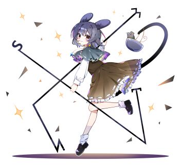 1girl animal_ears black_shoes blush bowl closed_mouth dowsing_rod full_body grey_eyes grey_hair highres jewelry long_sleeves looking_at_viewer mouse_ears mouse_girl mouse_tail nazrin necklace shoes short_hair sia_6767 smile socks solo tail touhou white_background white_socks