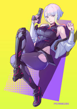1girl absurdres artist_name belt bigroll black_boots blue_pantyhose boots breasts closed_mouth commentary_request cyberpunk:_edgerunners cyberpunk_(series) cyborg eyeliner full_body gun halftone handgun heattech_leotard highleg highleg_leotard highres holding holding_gun holding_weapon leotard looking_at_viewer lucy_(cyberpunk) makeup medium_breasts multicolored_hair pantyhose red_eyeliner short_hair short_hair_with_long_locks sideboob solo turtleneck weapon yellow_background