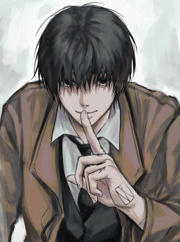 Rule 34 | 1boy, bin (binonep), black eyes, black hair, black necktie, black vest, brown coat, closed mouth, coat, finger tattoo, finger to mouth, fingernails, hand tattoo, highres, index finger raised, looking at viewer, male focus, nagumo (sakamoto days), necktie, sakamoto days, short hair, shushing, simple background, solo, tattoo, upper body, vest, white background