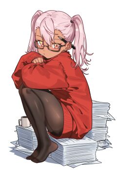 1girl absurdres alternate_costume alternate_hairstyle arms_on_knees black_pantyhose blush center-flap_bangs chloe_von_einzbern clenched_hand closed_mouth coffee coffee_mug crossed_arms cup dark-skinned_female dark_skin ebora fate/kaleid_liner_prisma_illya fate_(series) glasses gradient_eyes hair_pulled_back hair_tie highres legs_together long_hair looking_at_viewer mug multicolored_eyes no_shoes orange_eyes pantyhose paper_stack pink_hair red_sweater semi-rimless_eyewear simple_background solo sweater twintails white_background yellow_eyes